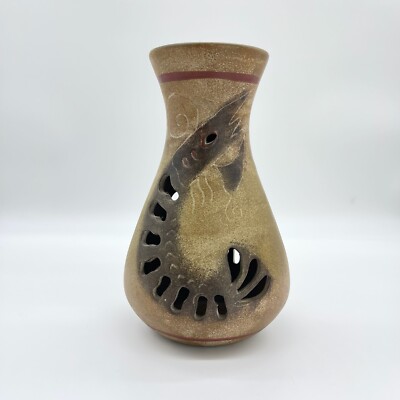 Rustic Stoneware Pottery Vase with Big Shrimp Design Etched Cutout Luminary 9.5 