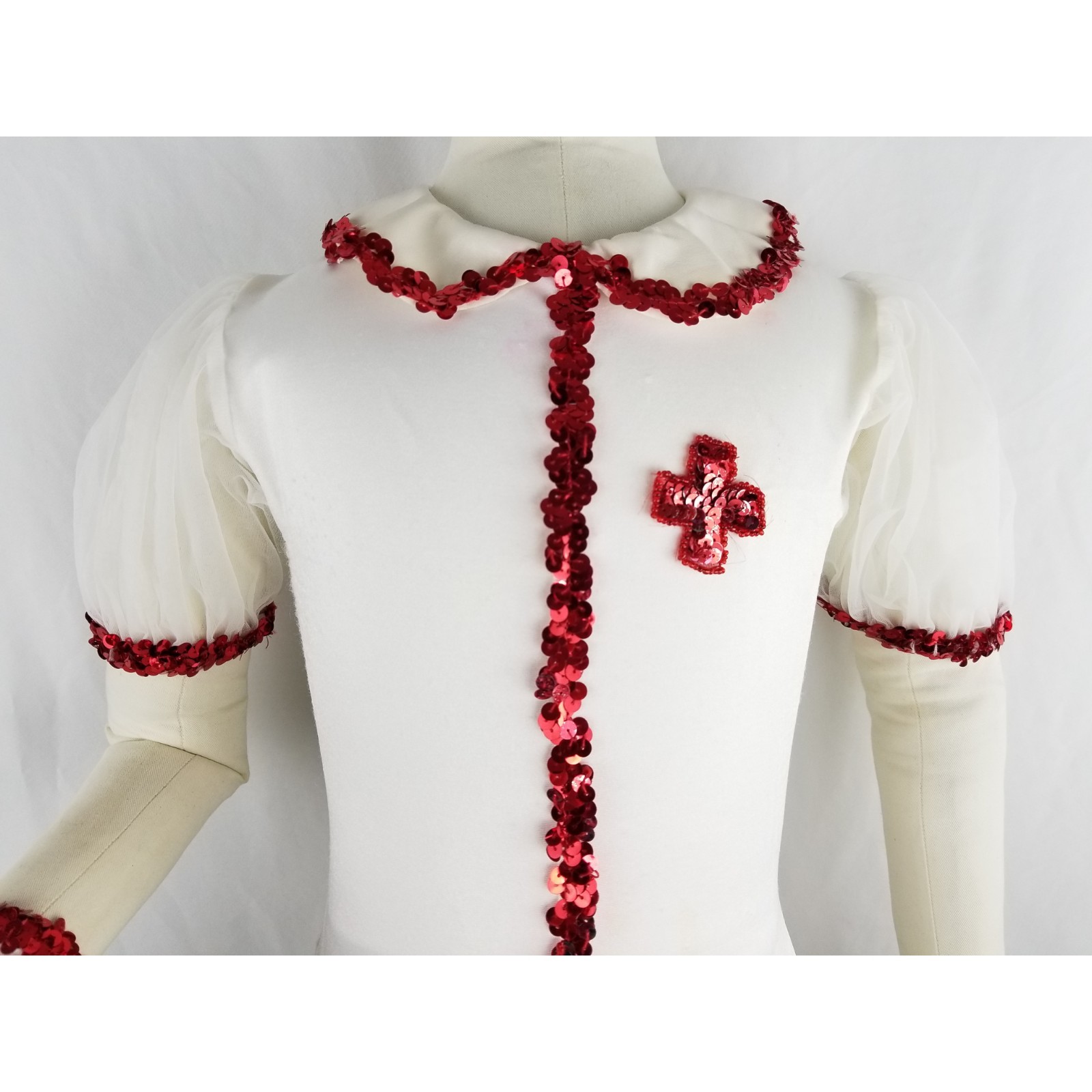 A WISH COME TRUE Nurse Costume White Red Sequin Doctor Dance Leotard Glove Set
