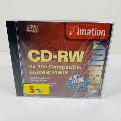 5 Pack Imation CD-RW 4X-12X High Speed Branded Logo 650MB Rewritable Disc