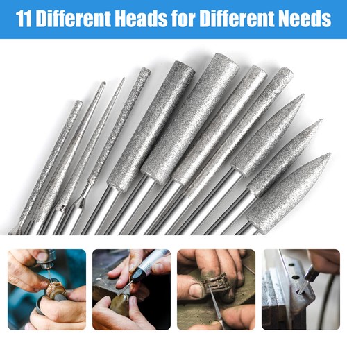 11Pcs Diamond Burr Stone Carving Grinding Bits 1/8" Shank for Dremel Rotary Tool