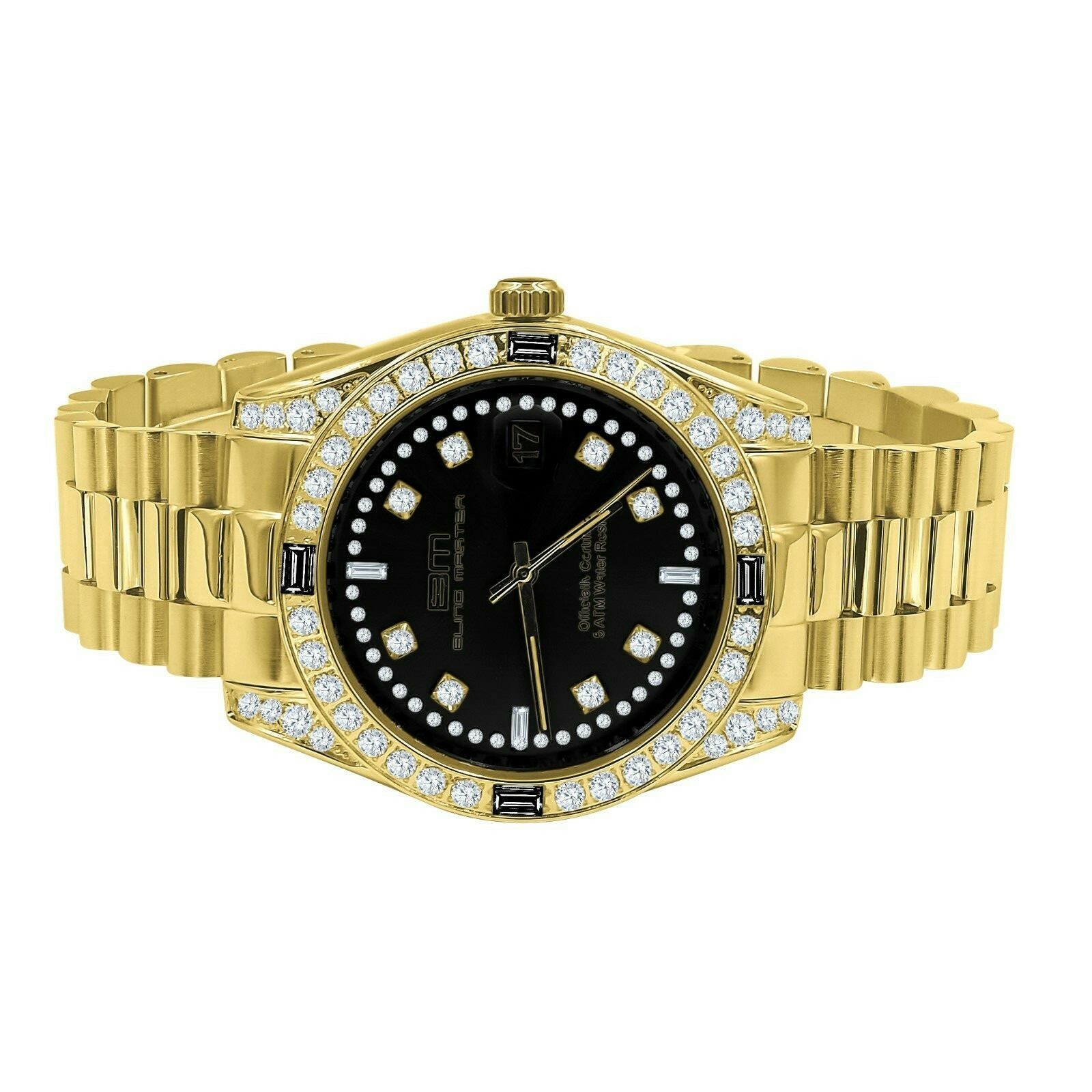 Pre-owned Bling Master 18k Gold Tone Solid Steel Black Dial Simulated Diamond Mens President Watch 40mm