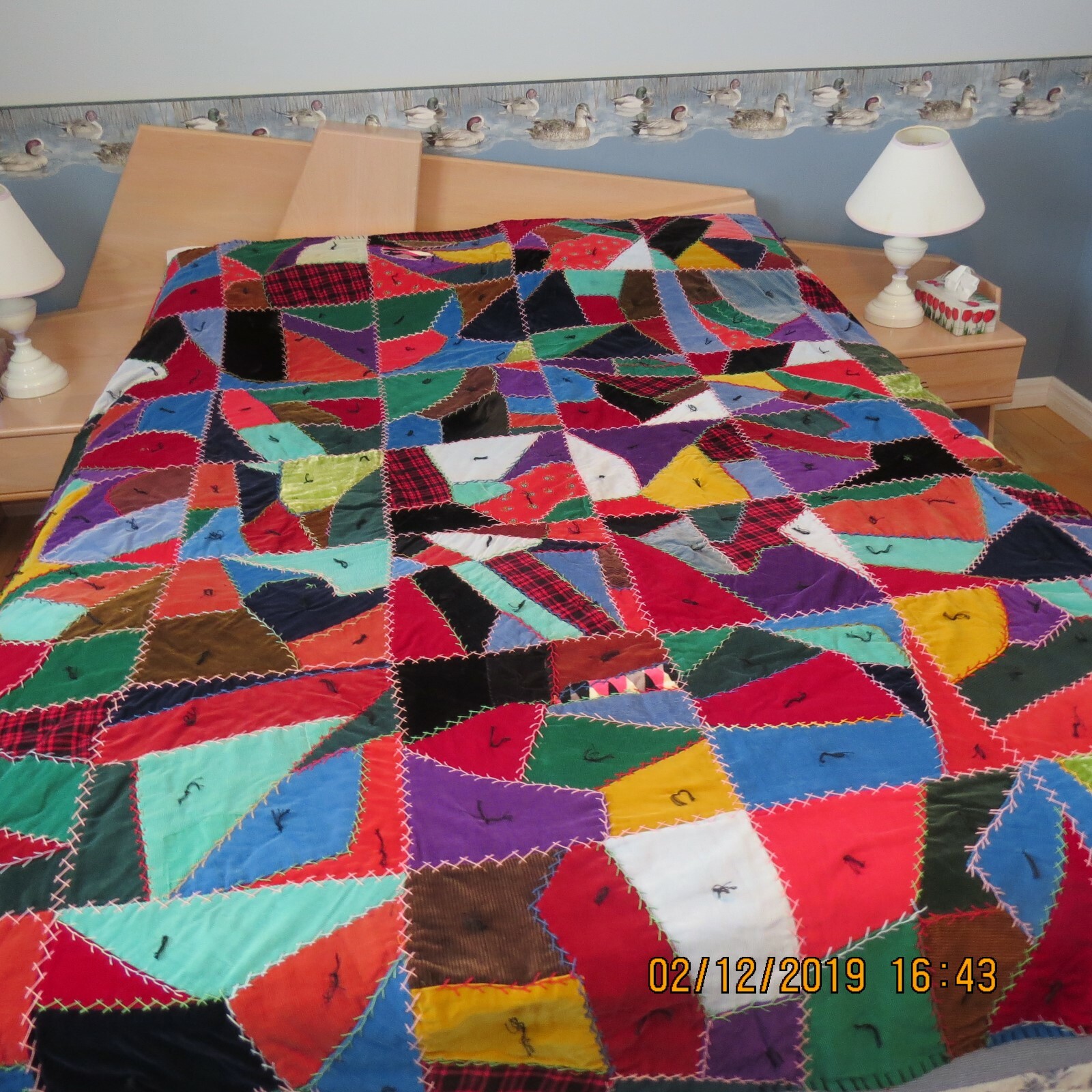 VTG.CRAZY QUILTS 1940 CORDEROY PATCH  82'' X 72'' EXTRA COLOR PIED DE POULE RARE