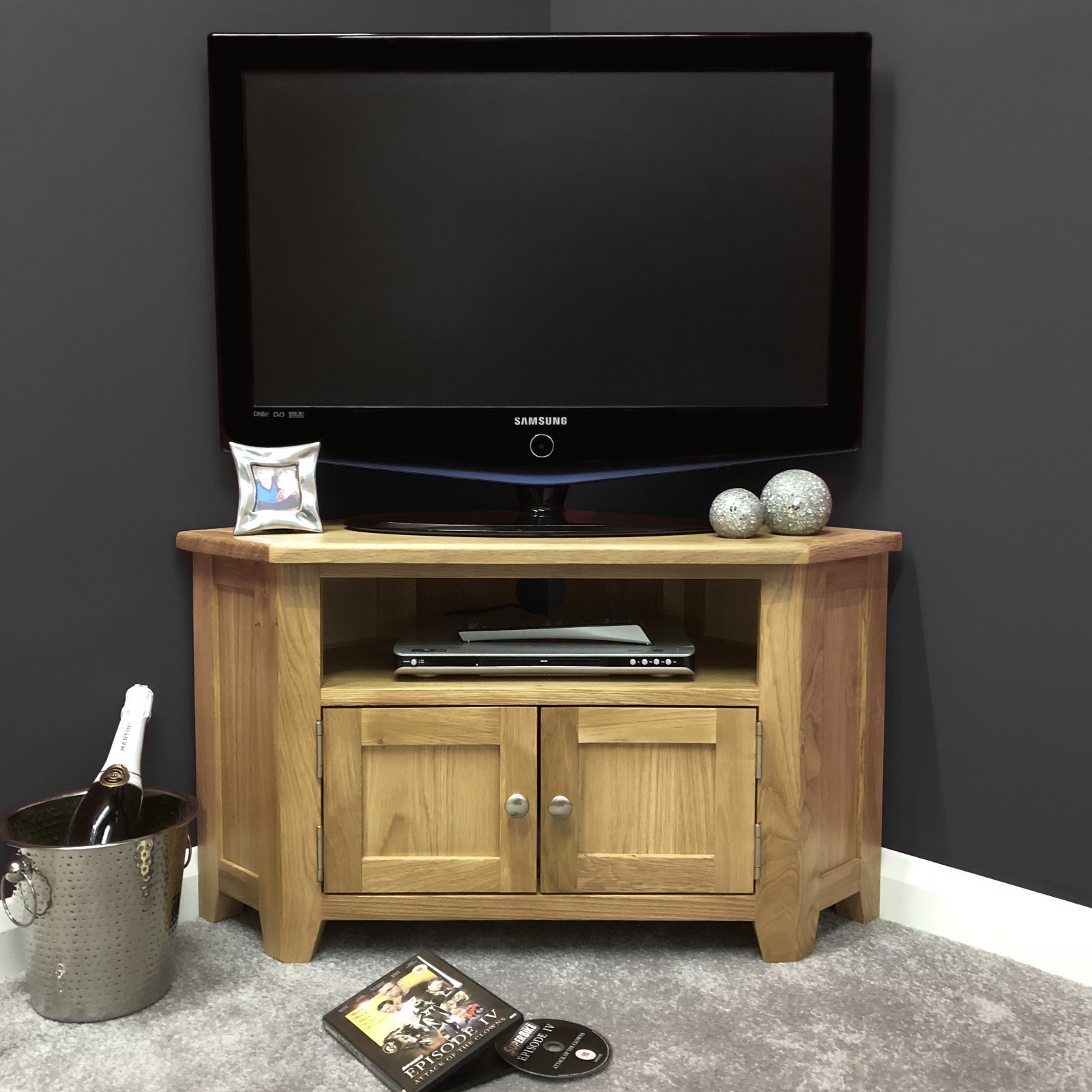 Oak Corner TV Stand with Doors / Solid Wood Television Media Unit