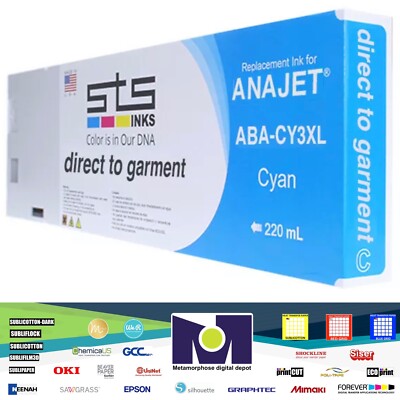 Anajet TexMac ink cartridges, FP125, 220ml Garment DTG Cyan Ink By STS Inks
