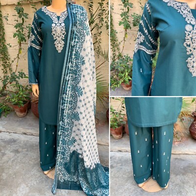Pakistani Dark Teal Straight  Style 3-PCS Soft Cotton Suit w/ FancyThread work,S