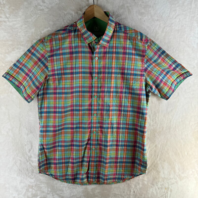 Bugatchi Uomo Shaped Fit Men Size L Green Check Cotton S/S Casual Shirt