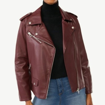 Scoop Faux Leather Moto Jacket Tawny Port Wine Biker Jacket Women s Size Small