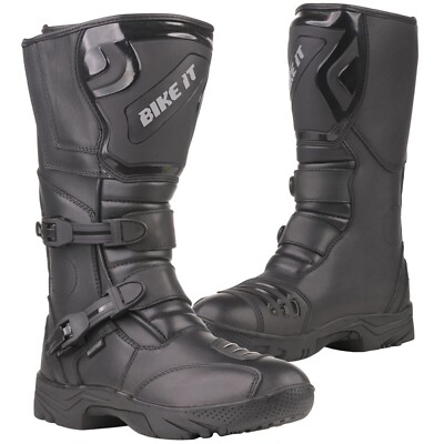 Bikeit Triple Black CE Leather Waterproof Adventure Motorcycle Boots - Black