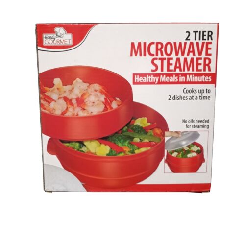 Handy Gourmet Red 2 TIER MICROWAVE Food STEAMER Easy Healthy Meals In Minutes