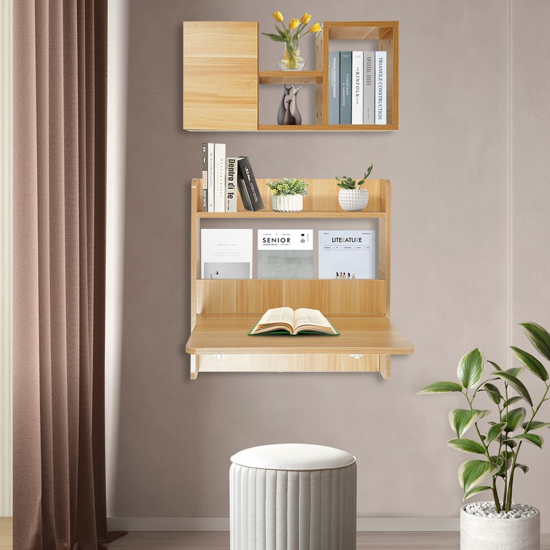 Minimalist 2-Tier Wall Desk/Shelf Foldable Solid Wood Small Spaces