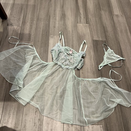 BABY DOLL VICTORIAS SECRET BABY DOLL TEDDY NIGHTY MINT GREEN LINGERIE Sz L