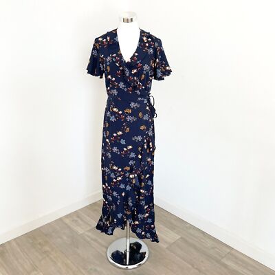Vero Moda Hanna Short Sleeve Wrap Maxi Dress V Neck Floral Night Sky Size L New