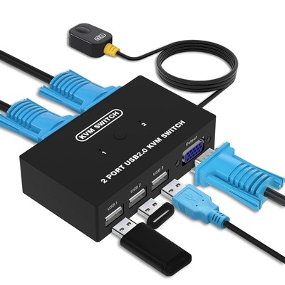 USB VGA KVM Switch for 2 PC Sharing 1 Video Monitor and 3 USB Devices, Keyboa...