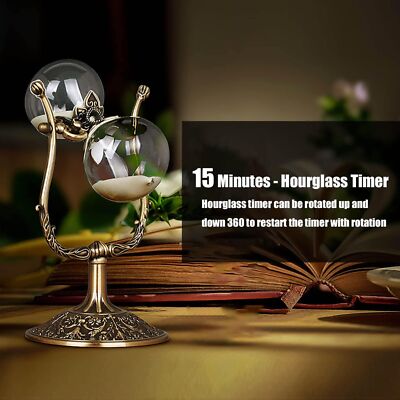 Hourglass Sand Timer 15 Minute, Vintage Flower Rotating Antique Brass Frame