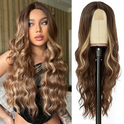 Long Brown Mixed Blonde Wavy Highlight Wig for Women 27 Inch Long Curly Wig N...