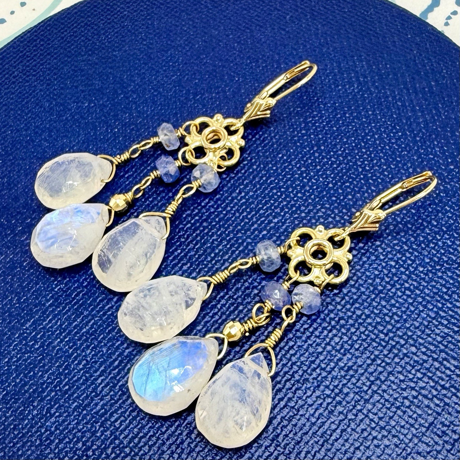 14k Yellow Gold Genuine Rainbow Moonstone and Sapphire Chandelier Earrings, - Picture 6 of 11