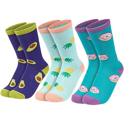3-Pair Womens Novelty Crew Socks, Cute Avocado, Donut, PinePrint, US 6-9