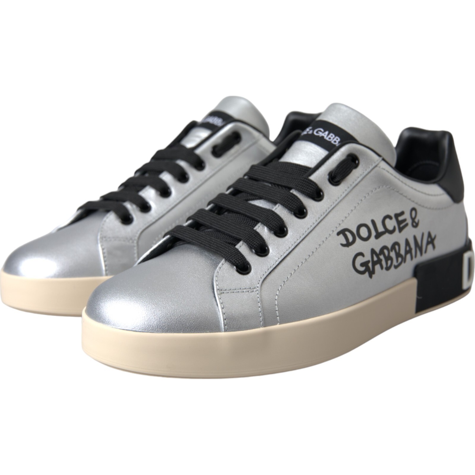 Pre-owned Dolce & Gabbana Shoes Silver Portofino Calf Leather Sneakers Mens Eu40 / Us7