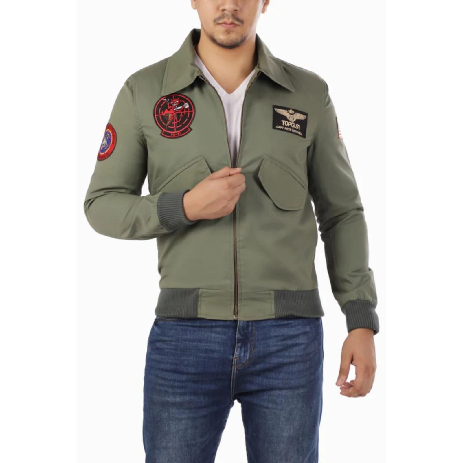 Pre-owned Top Gun Men's  Jacket Aviator Pilot Green Jacket Cotton Embroidered Patches