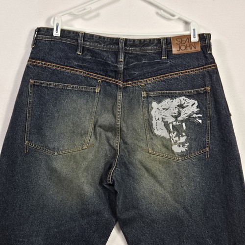 Vintage Sean John Denim Jeans Baggy Wide Leg Embroidered