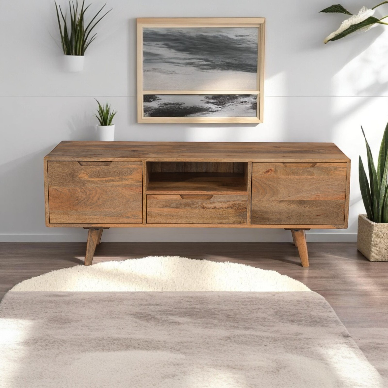 TV Stand Unit Cabinet Retro Wide Bench Solid Mango Wood Scandi Assembled