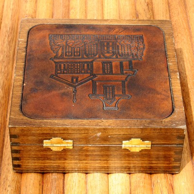 Vintage Hand Crafted Wood Box With Victorian House Leather Inlay Top Dovetailed