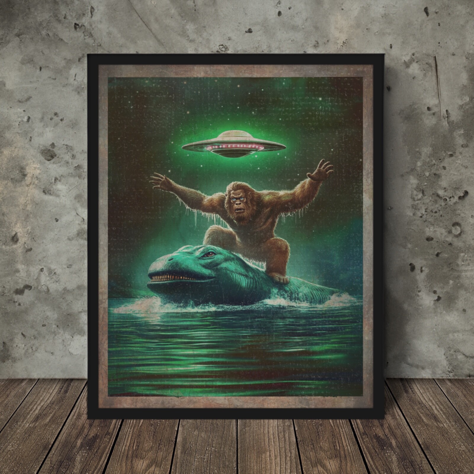 絵画 BIGFOOT Vintage LOCH NESS BIGFOOT UFO Wall Art, Nessie Sasquatch