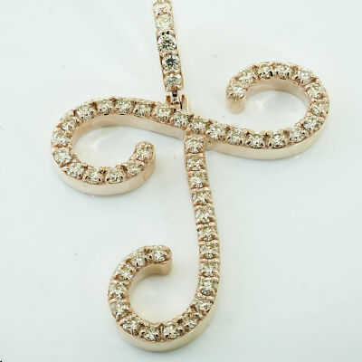 Pre-owned Jewelwesell 0.88ct Round Diamond Script 1.25" Letter 'j' Initial Pendant Charm 14k Gold