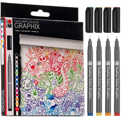 Graphix Fineliner Drawing Pens - Set of 12 Fine Point Pens - 0.5mm Water Base...