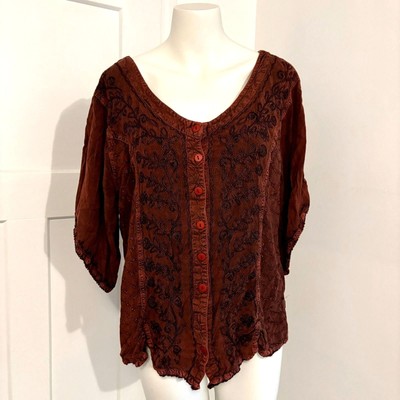 Agan Traders size 2x 100% Rayon Hippie Boho Dark Red Autumn Embroidered Blouse