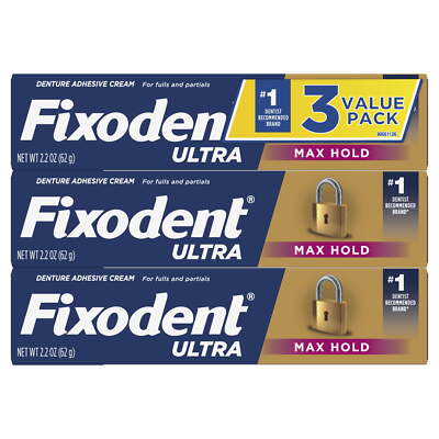 Ultra Max Hold Secure Denture Adhesive 2.2oz, Pack of 3,Free Shipping.