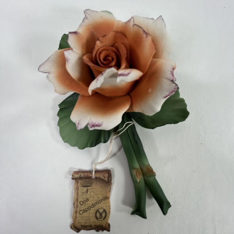 Vintage Dea Capodimonte Peach Rose And Stem Hand Painted Porcelain Flower Italy