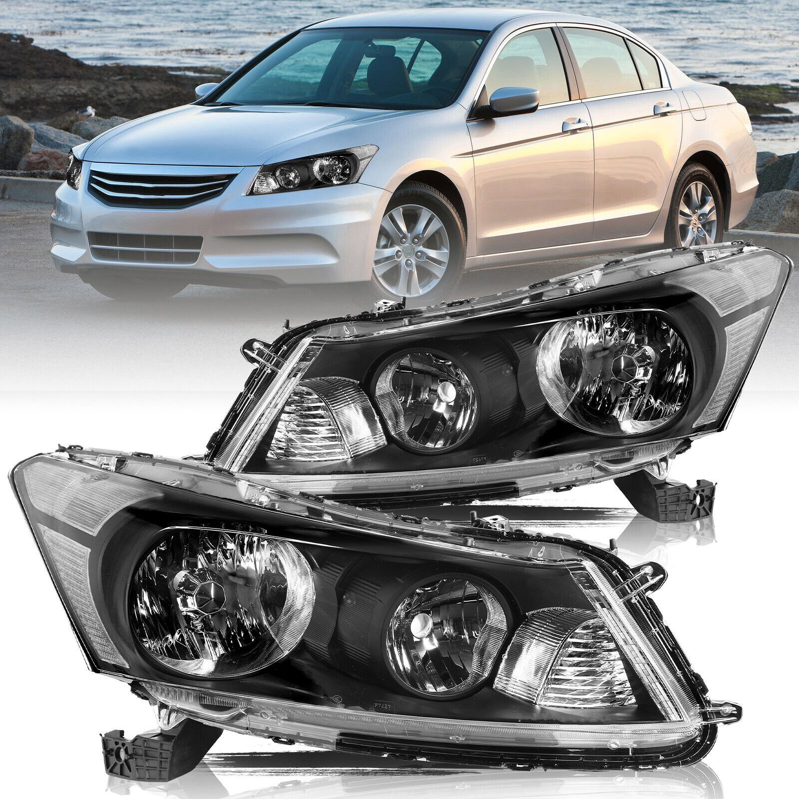 For 2008-2012 Honda Accord Sedan Black Headlights Clear Corner Headlamps Pair