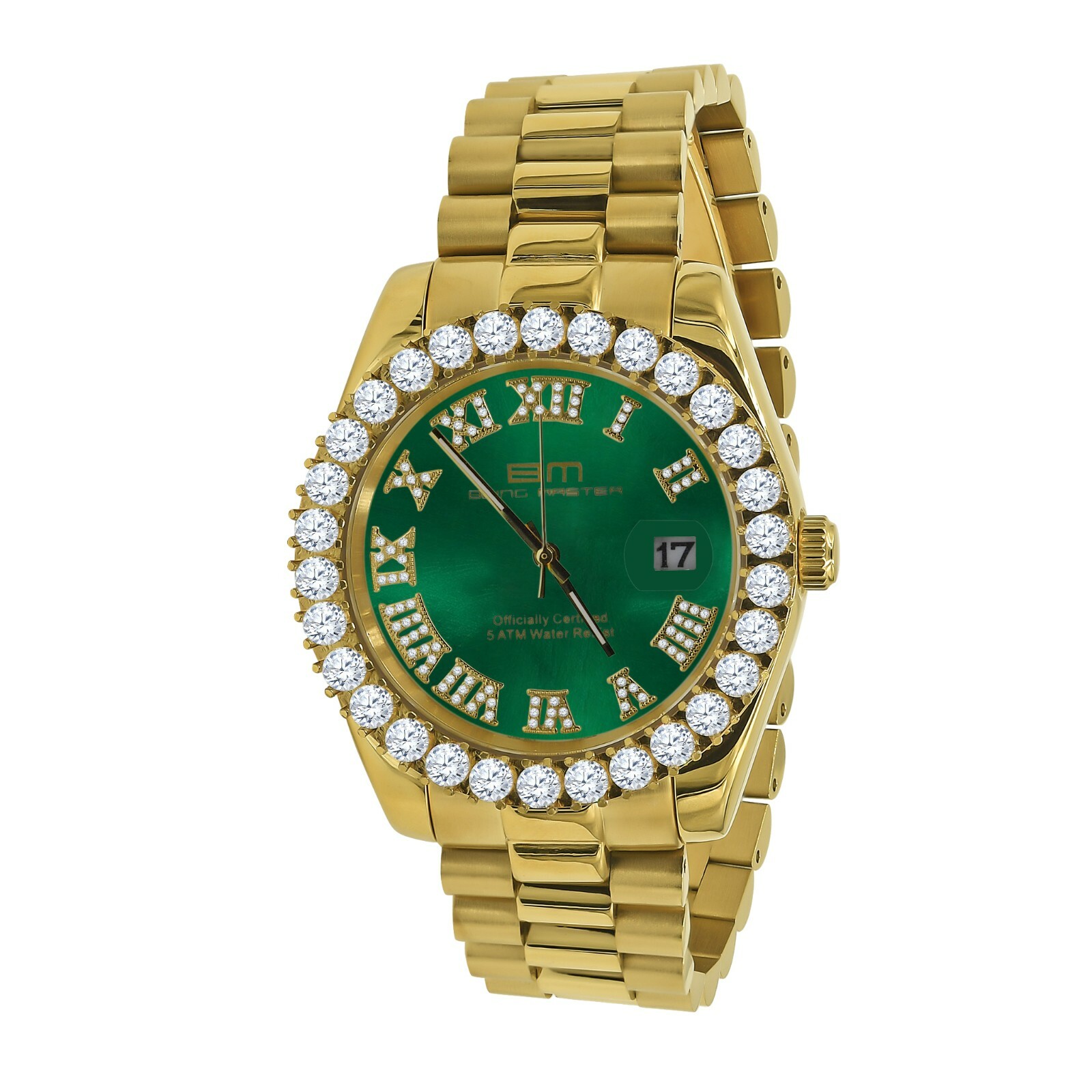 Pre-owned Bling Master Roman Green Dial Solid Steel Men 18k Gold Tone Simulated Diamond President Watch