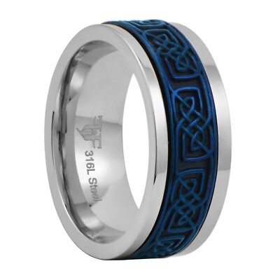 Blue Celtic Spinner Ring Mens Womens Stainless Steel Wedding Band Sizes 3-17