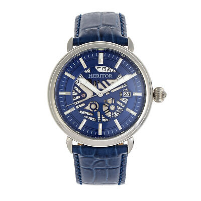 Pre-owned Heritor Mattias Automatic Blue Leather Men's Watch With Date Indicator Hr8403