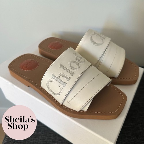 Pre-owned Chloé Chloe Woody Logo-embroidered White Leather Slide Sandals Size 37