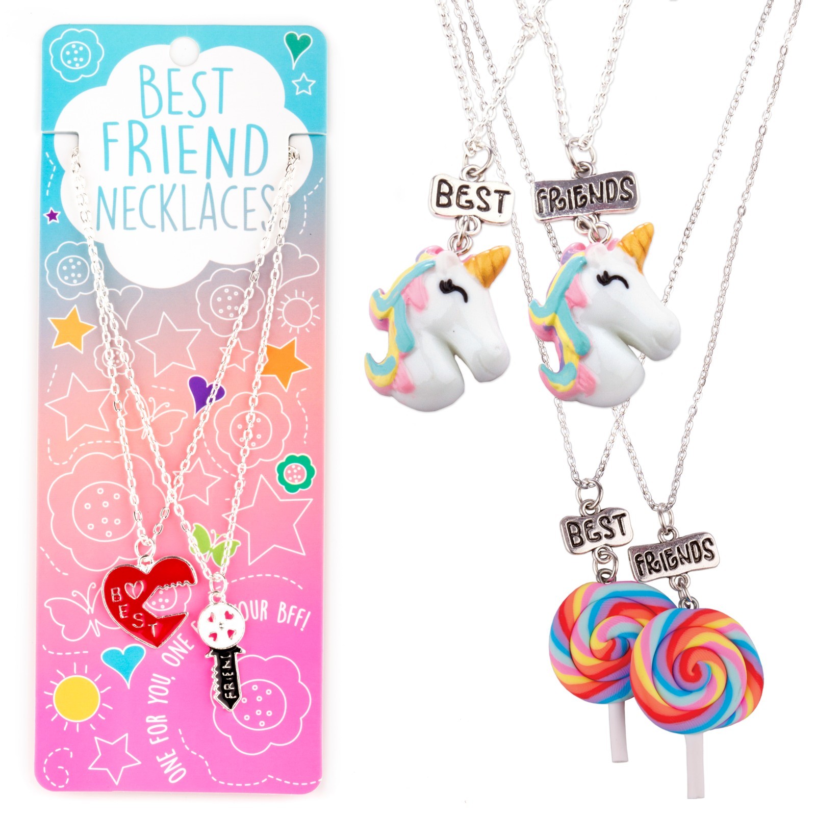 Best Friends BFF Friendship Heart Unicorn Pendants Charm Necklace Set