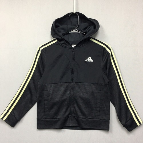 

Спортивная куртка Adidas с капюшоном и полной молнией (размер для мальчика S), темно-серый полосатый логотип