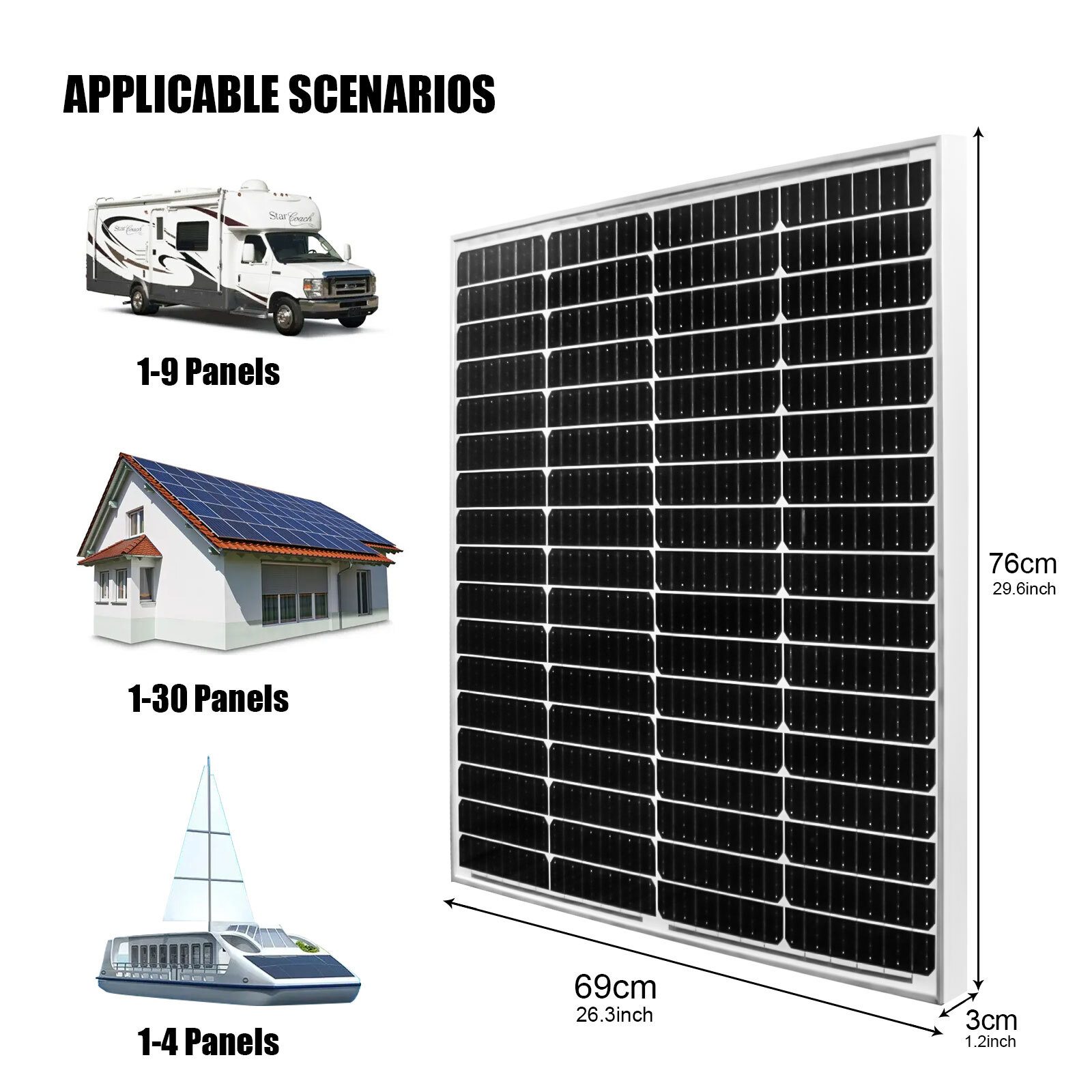 PFCTART 12V Solar Panel 100W 120W 200W Monocrystalline RV Marine Off-Grid System