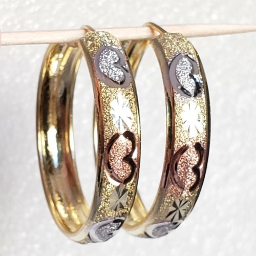 Pre-owned Pink Solid 14k Gold Hoop Earrings Hearts Yellow White Rose 1 Inch Long