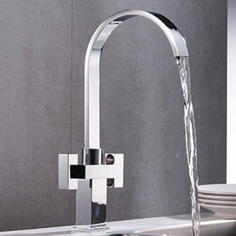 Luxury White Kitchen Sink Mono Mixer Tap Twin Lever Swivel Spout Chrome Brass