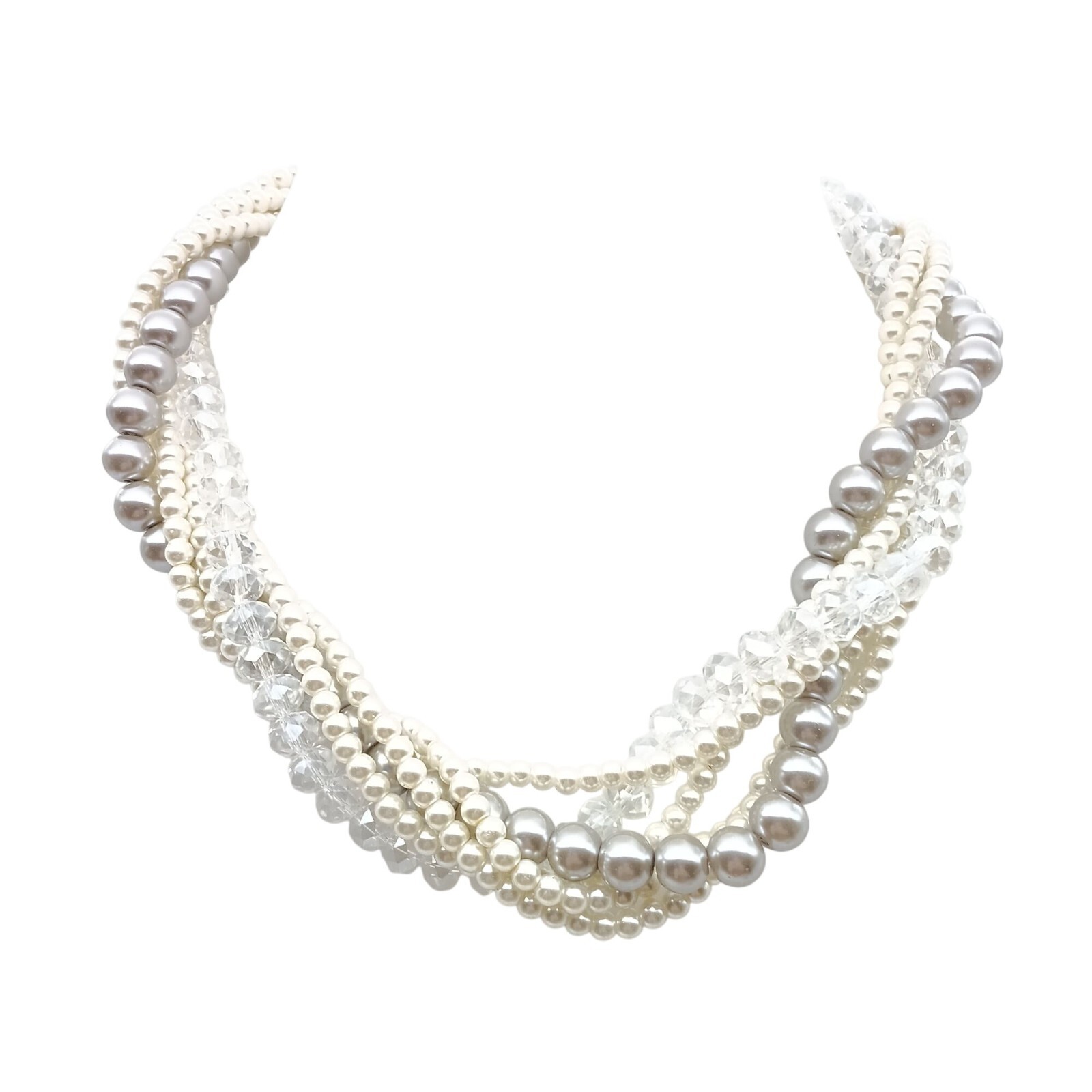 Pearl Mix Malti Chain Necklace （Silver） Multi Strand Messy Mix Necklace, Faux Pearl & Crystal Beaded