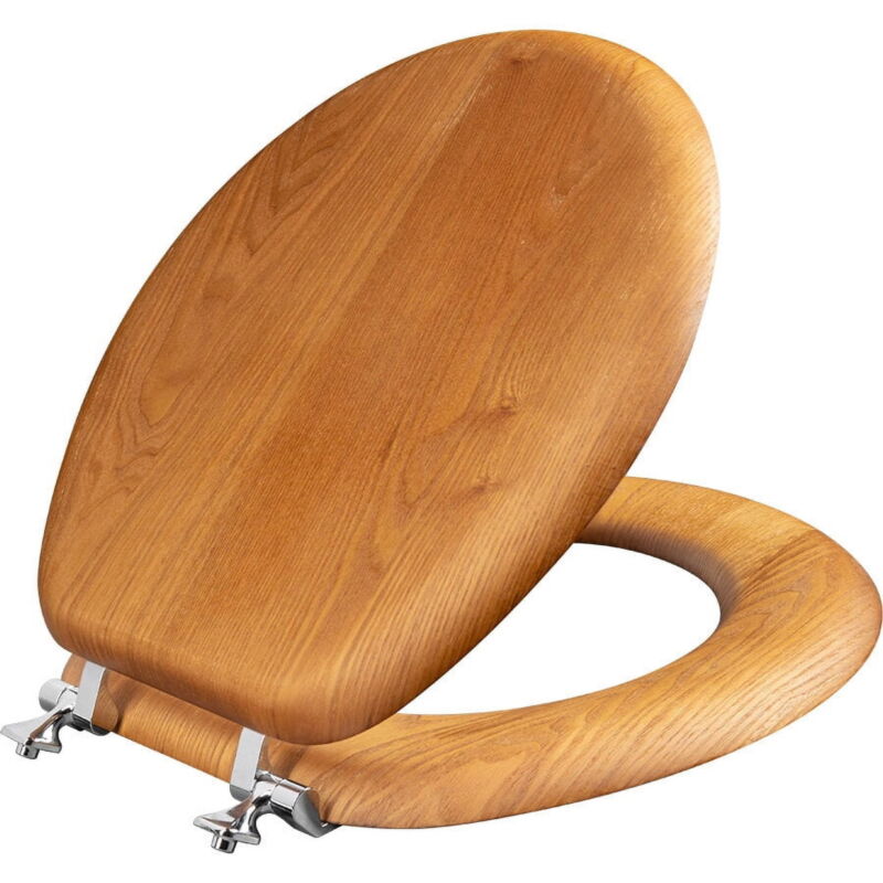 Round Wood Veneer Toilet Seat in Natural Oak with Chrome Hinge