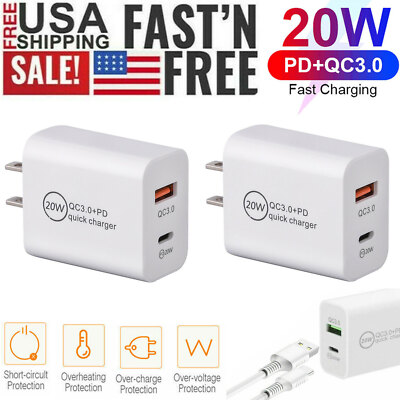 2 Pack 20w Type C QC PD USB-C Fast Wall Charger For iPhone 14 13 12 11 Pro Max