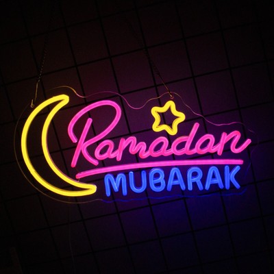 USB Neon Sign Lights,LED Islam Ramadan Hanging Sign,Moon Ramadan Neon 8inx16in