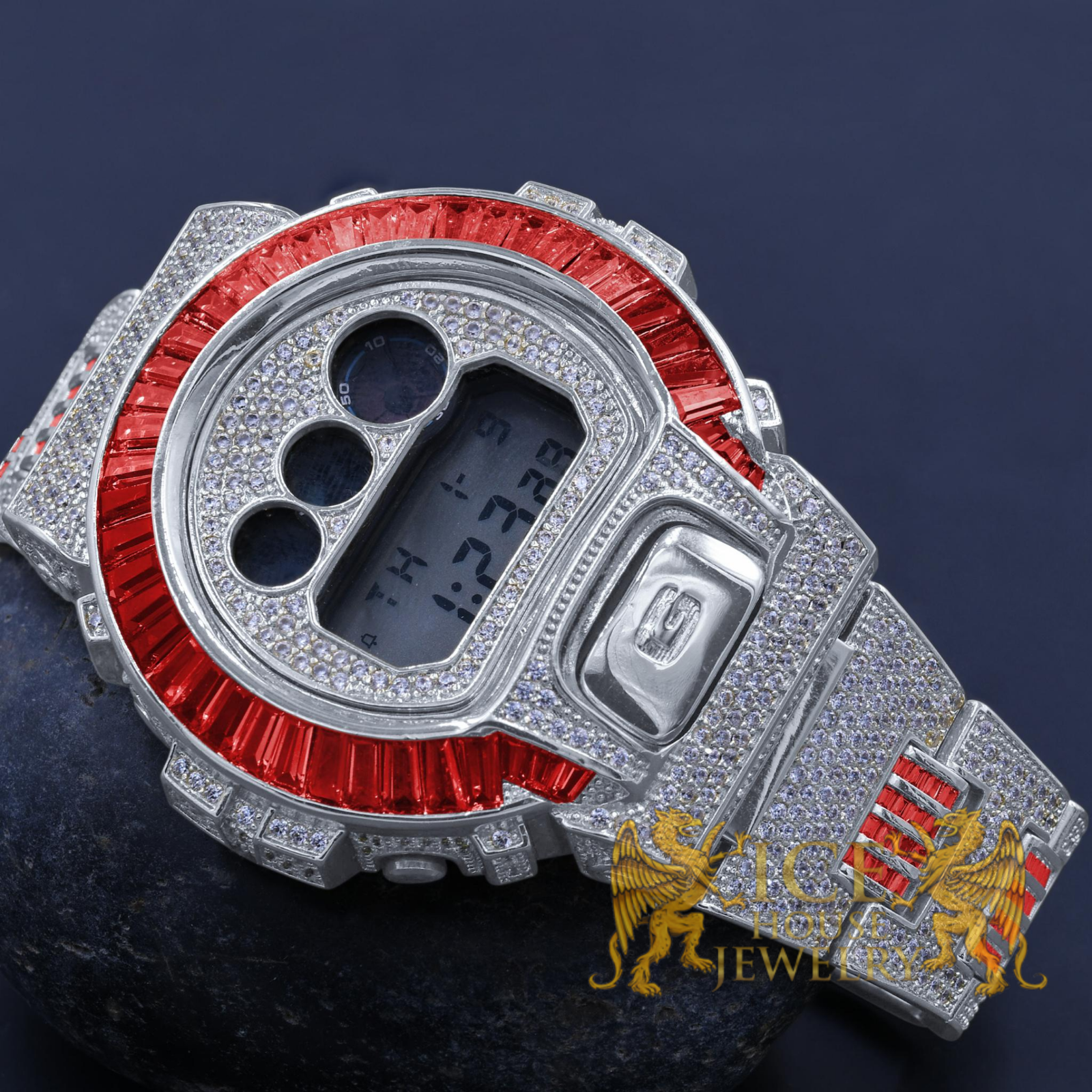 G-SHOCK DW-6900 ホワイト/レッド Icy Authentic Red Ruby Baguette On White Gold Finish Casio G