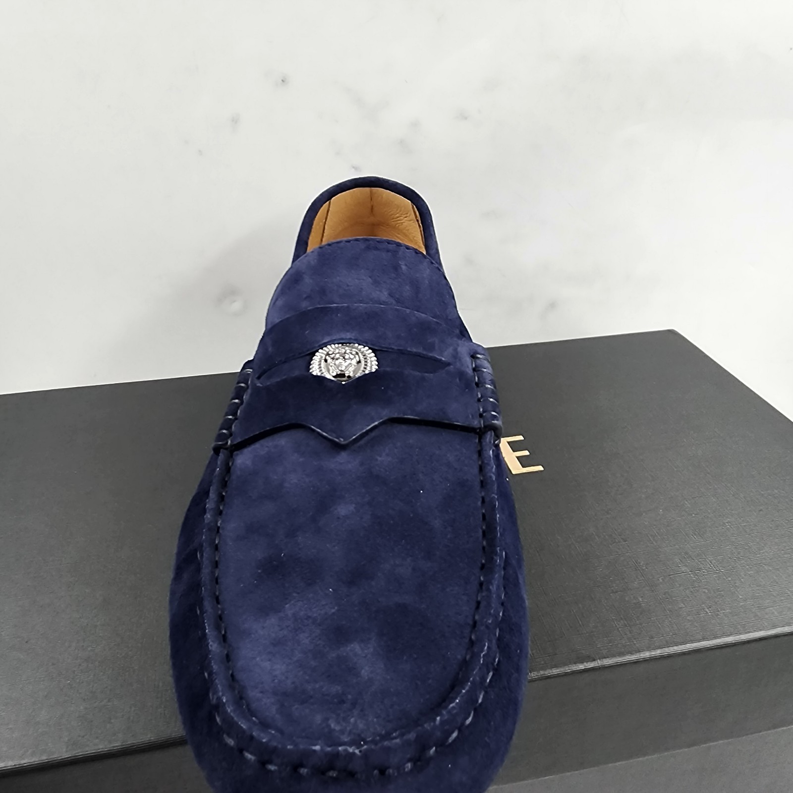 Versace Medusa Penny Loafers Men's 42.5/9.5US Blue Stitched Moc Toe Slip On - Picture 17 of 24