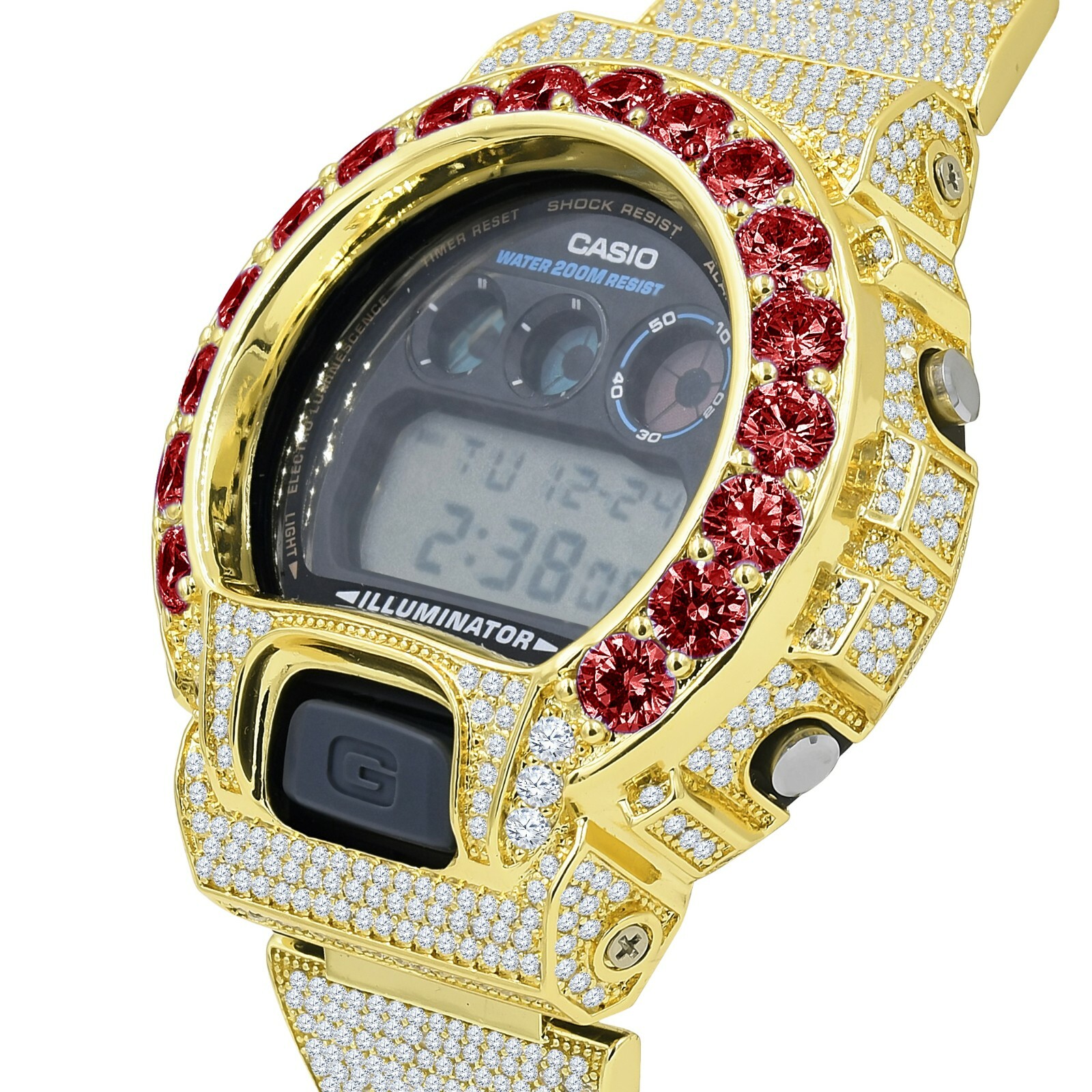Pre-owned G-shock Ruby Red Solitaire Custom Authentic Casio  Dw 6900 Yellow Gold Tone Watch