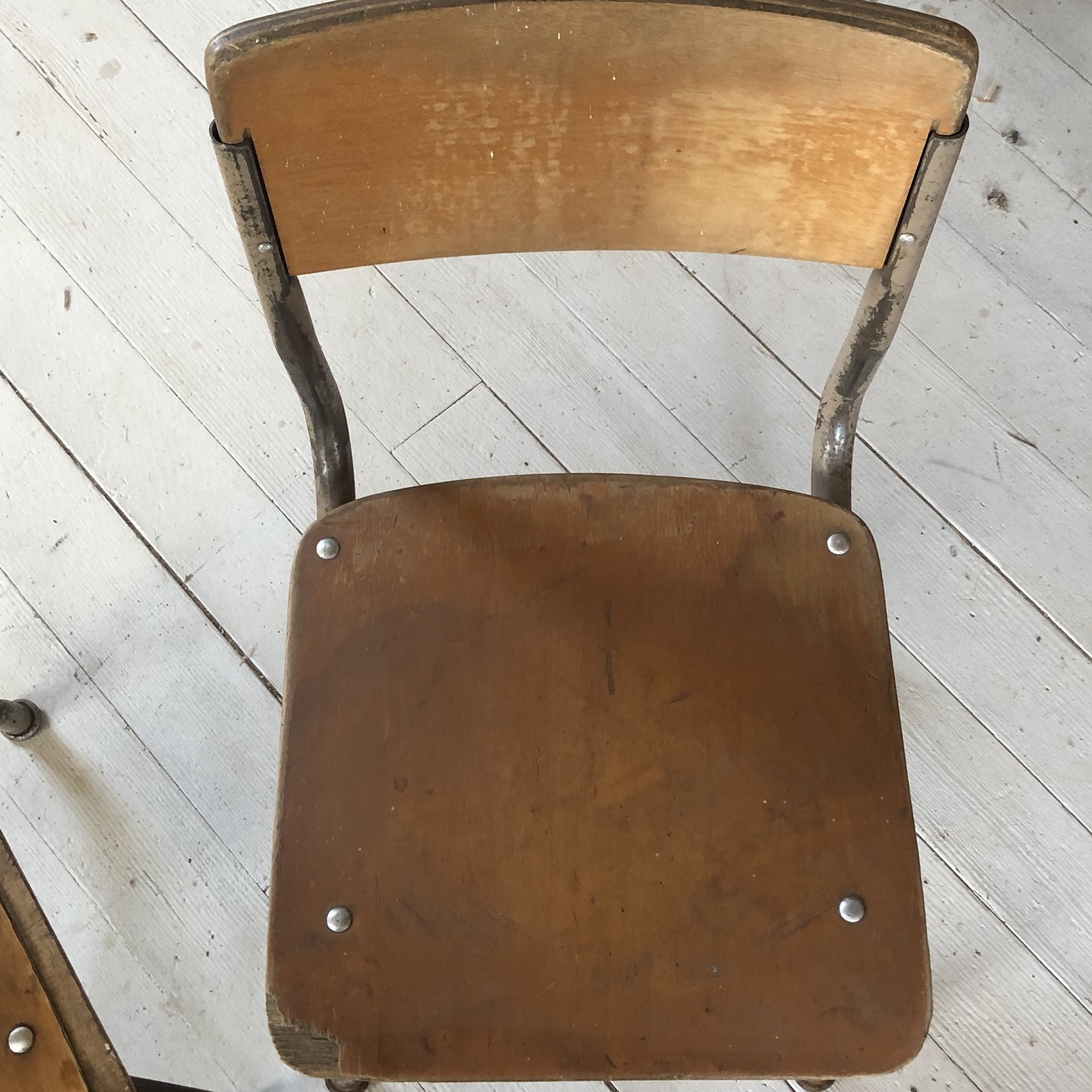VNTGE Matching Pair of Children’s Very Small Wood/Metal School Chair Curved Legs